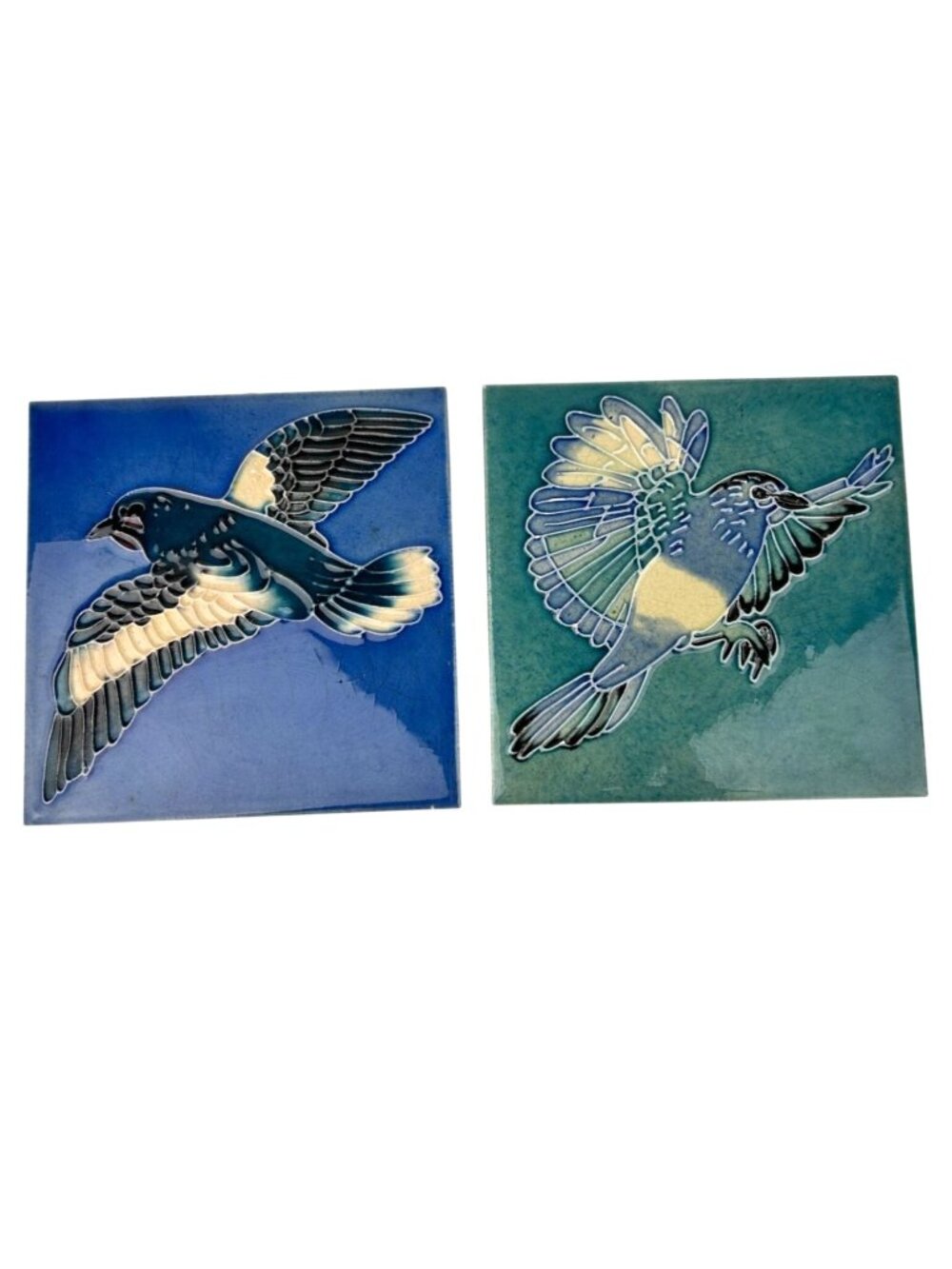 Bird Wall Art Square Tiles Hanging Set of 2 Blue Teal Flying Home Decor Animals